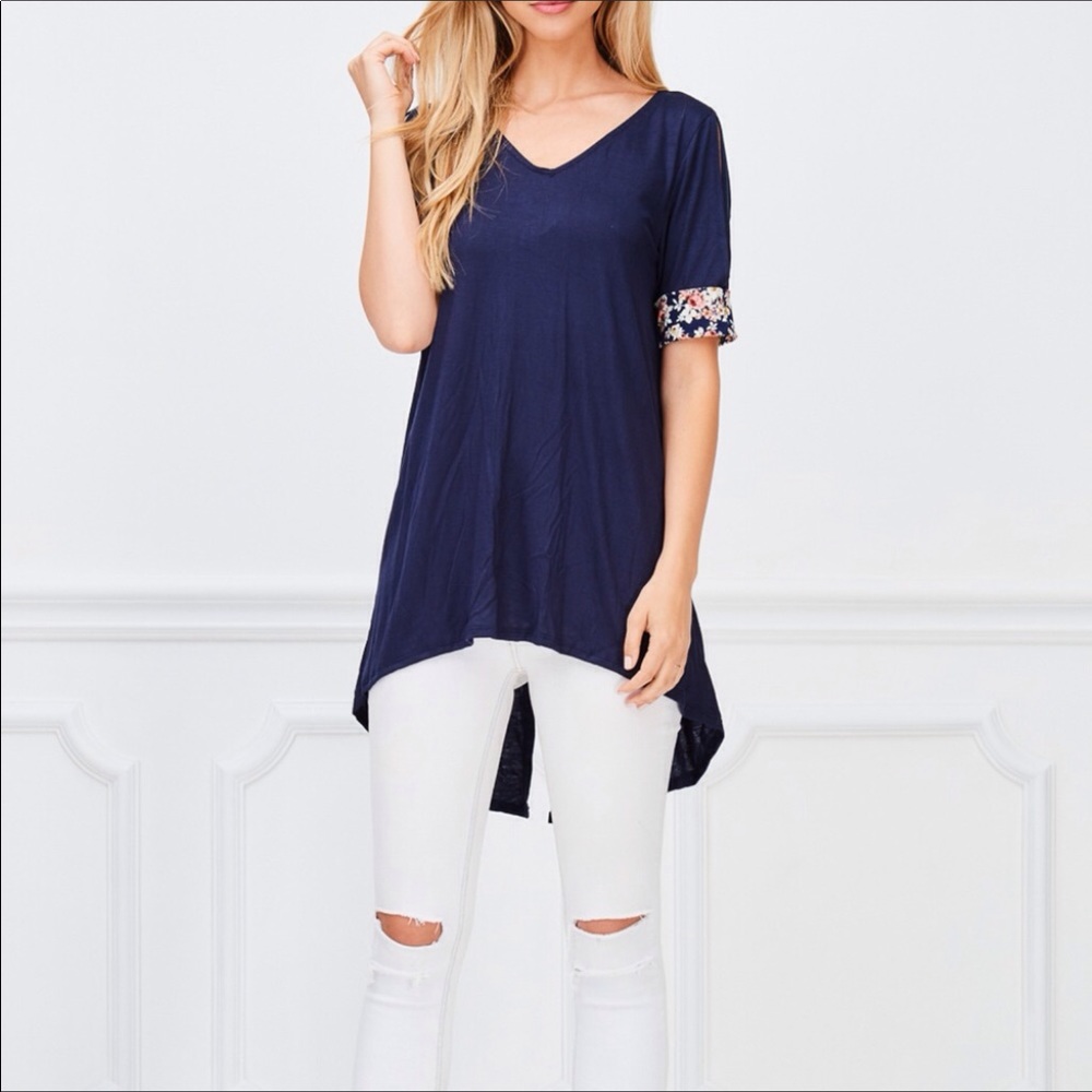 Navy V Neck, Split Tail Top